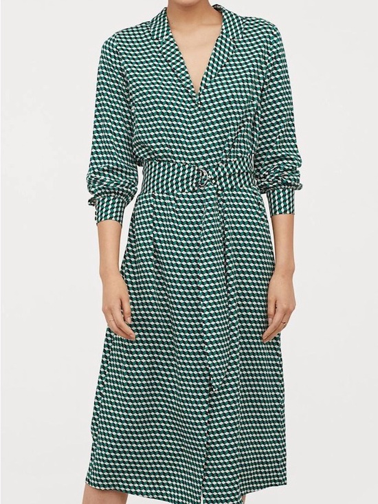 H&M Dresses & Skirts - H&M| Optical 3D Geometric Green Black & White Midi v-Neck Long Sleeve Dress Sz 6